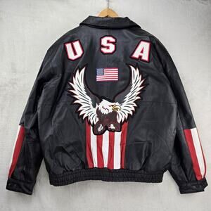 American Leather Jacket Mens 3XL Black USA Flag Eagle Bomber Biker Vintage